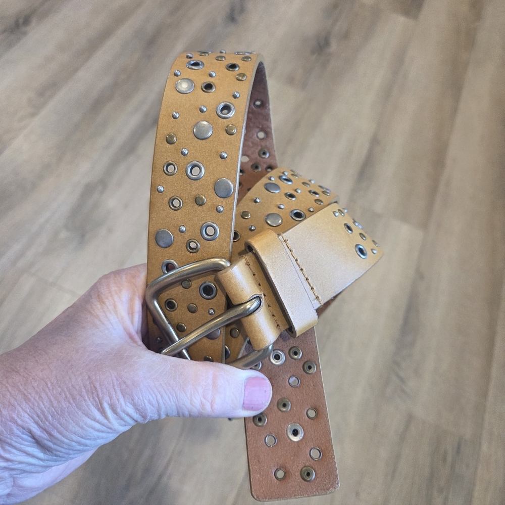 Vintage Y2K Buckle Belt RIVETED Leather 42in Studded Boho Brass Buckle Gold
